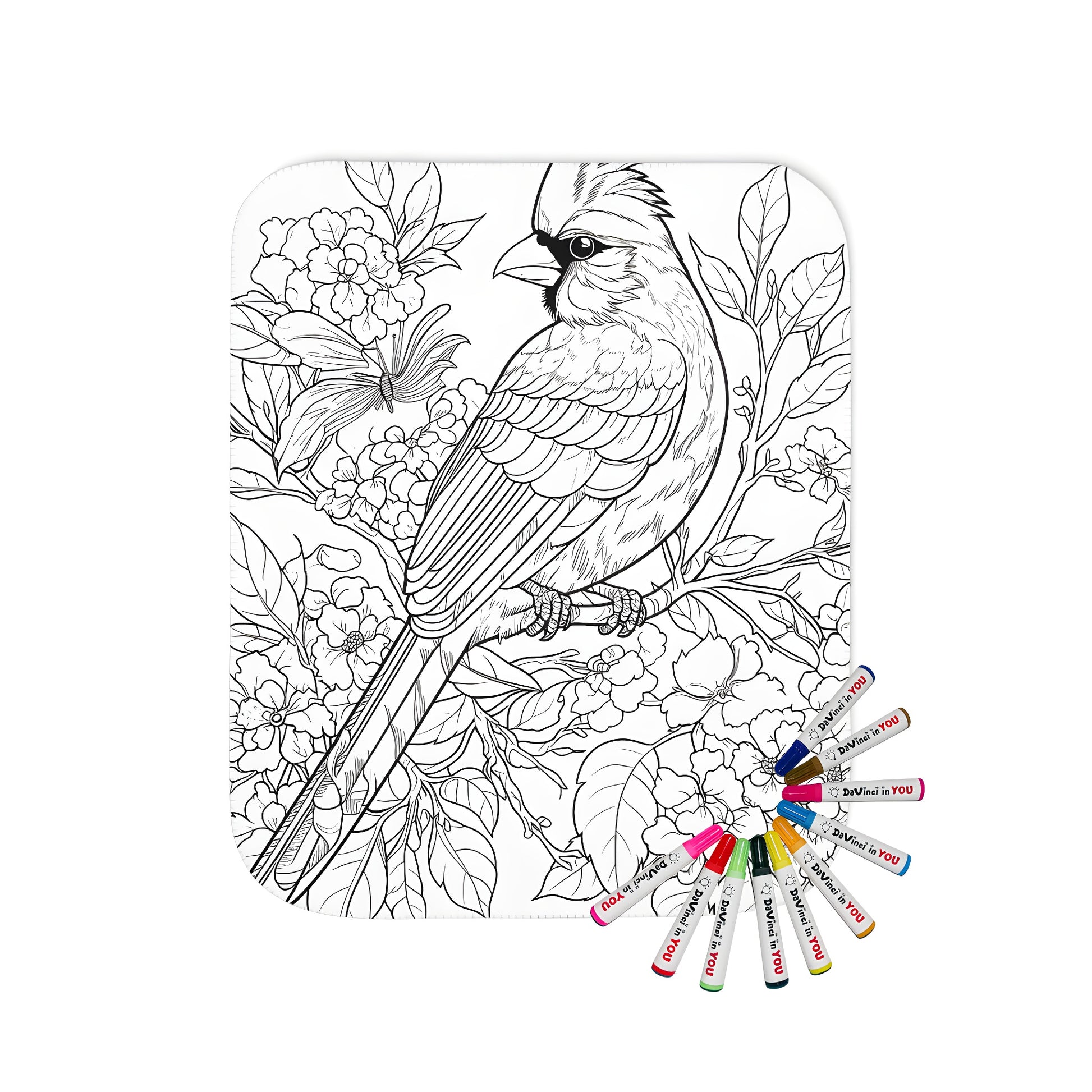 Cozy blanket with detailed line art of a robin, sparrow, or bird perched on a branch, surrounded by flowers and leaves for coloring activities