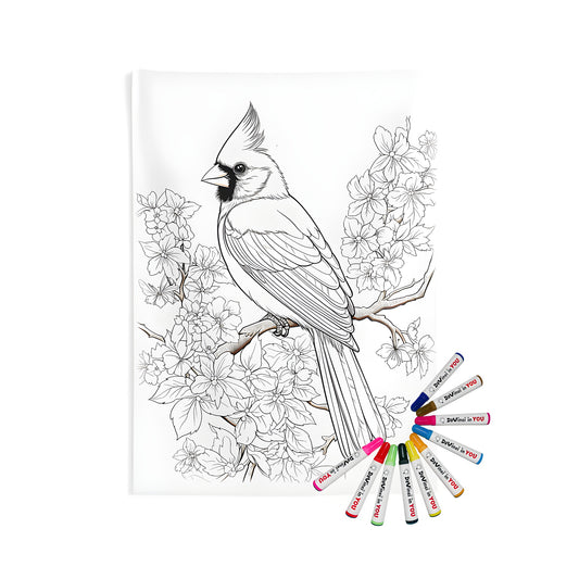 Coloring kit featuring a beautiful indoor wall tapestry design of an cardinal bird perched on a branch surrounded by blooming flowers