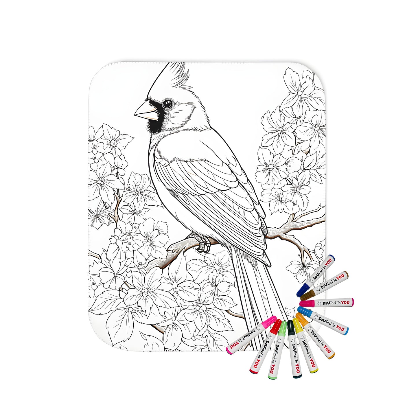 Coloring blanket featuring an outline drawing of a cardinal bird perched on a branch surrounded by flowers