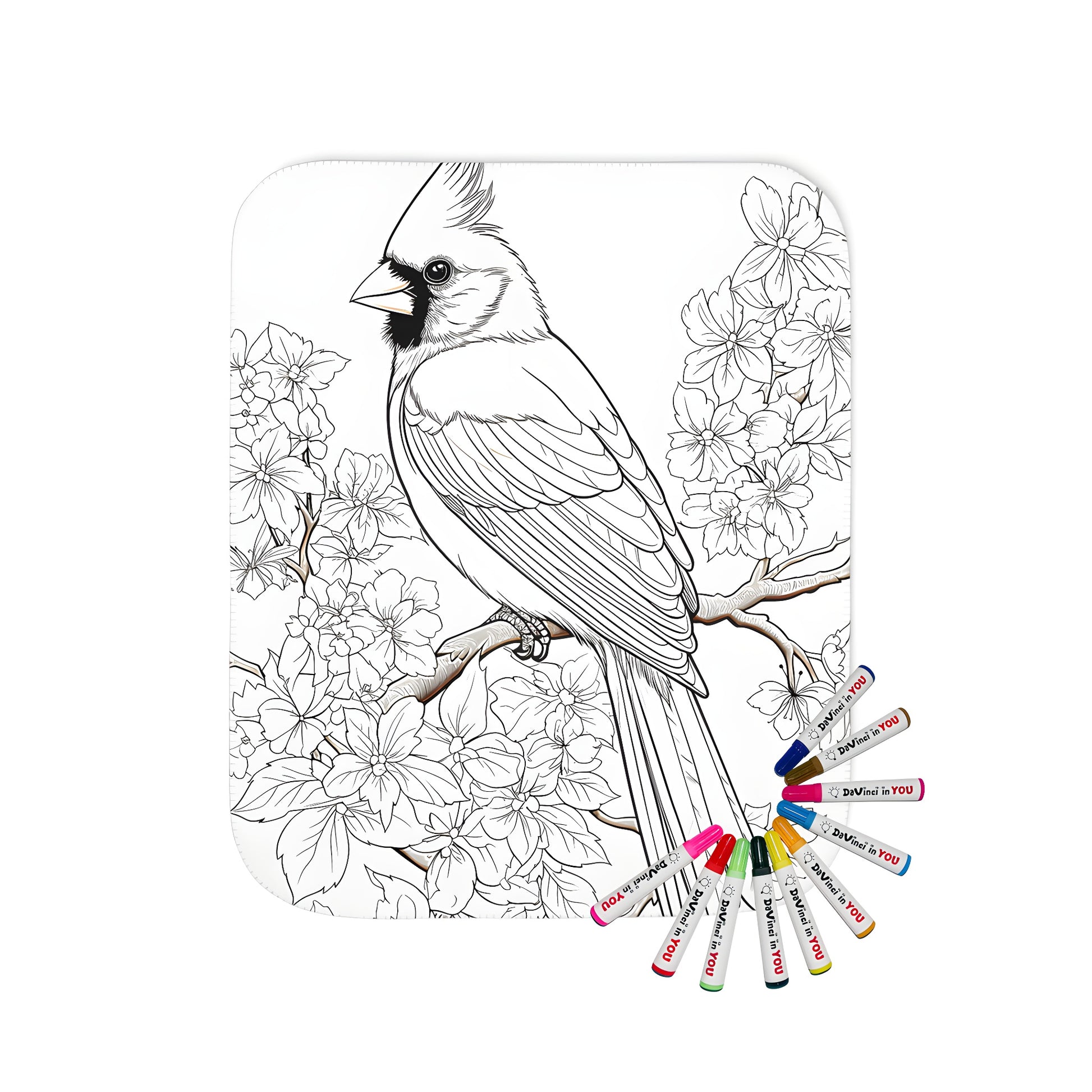 Coloring blanket featuring an outline drawing of a cardinal bird perched on a branch surrounded by flowers