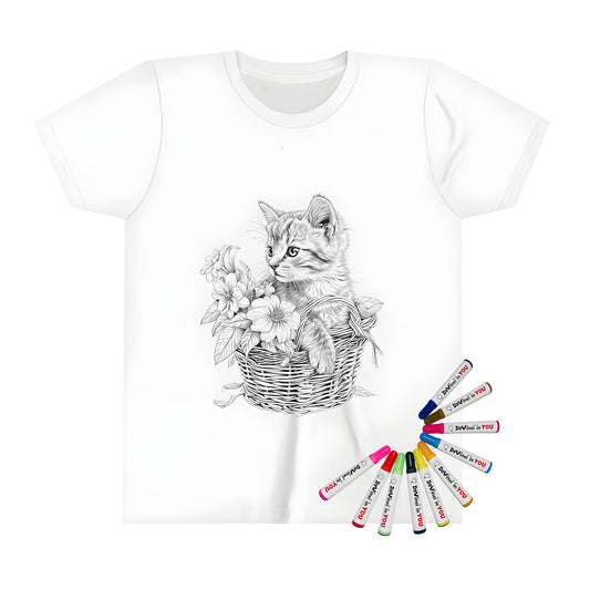 Coloring page illustration on a kid's t-shirt featuring a kitten sitting in a wicker basket with flowers. Feline, kitty, and cat-inspired design.