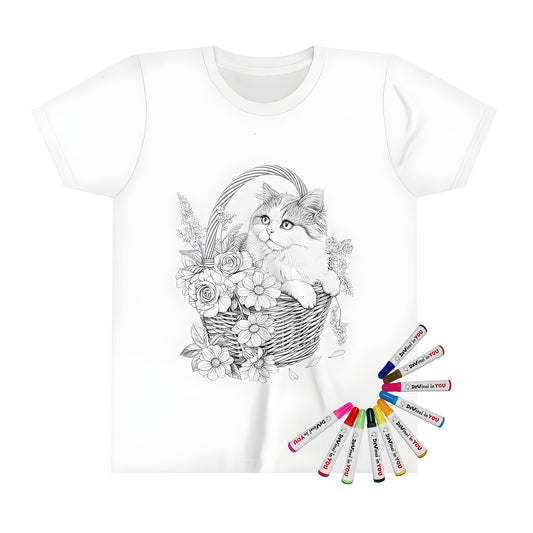 Whimsical kid's t-shirt with cat illustration in floral basket