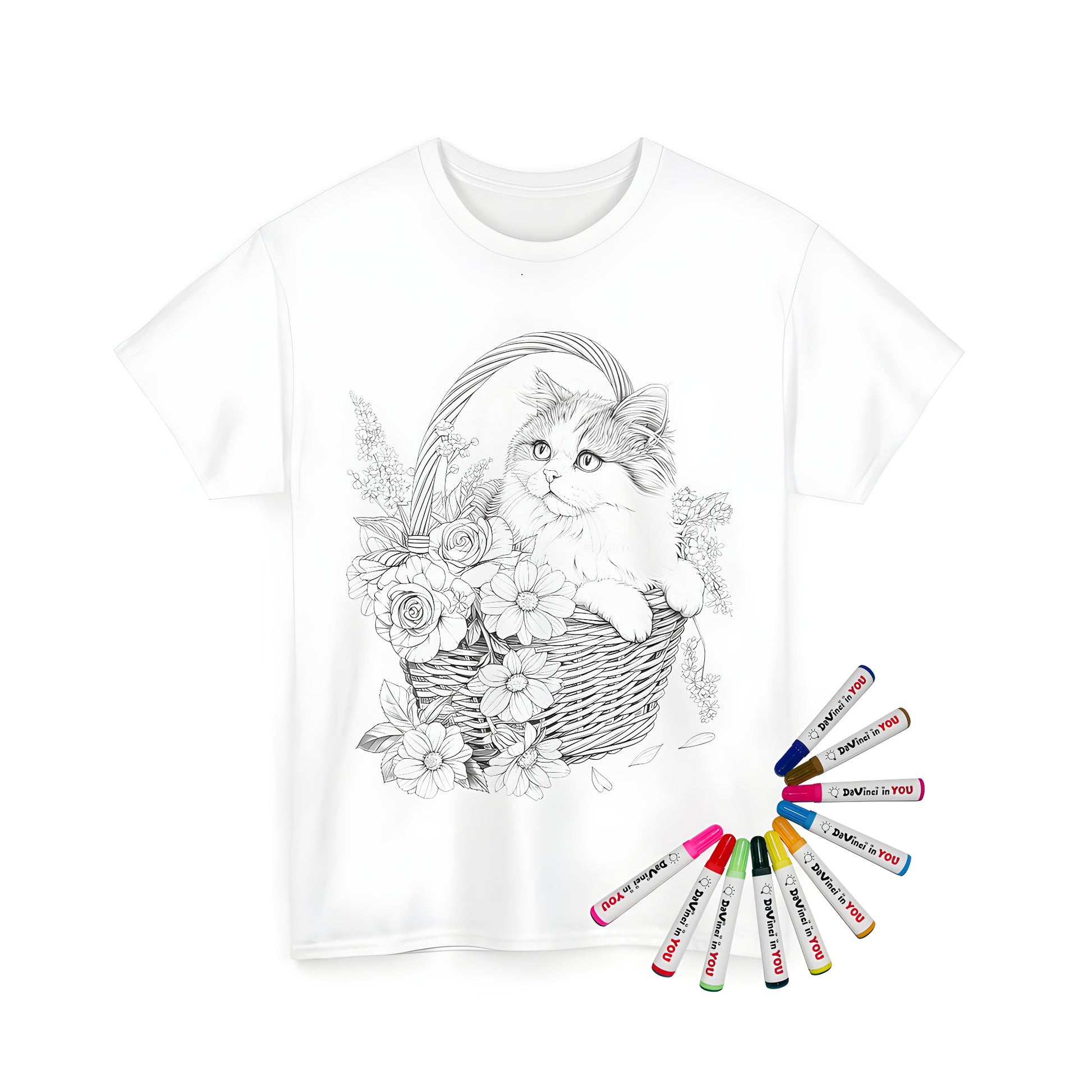 Coloring kit on unisex tee - cat sitting in wicker basket surrounded by roses and daisies