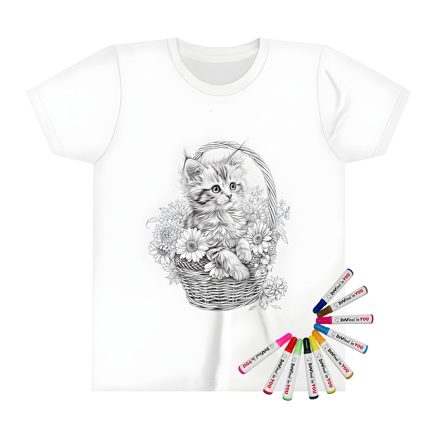 Kids t-shirt featuring a colorful kitten sitting in a basket surrounded by daisies, ideal for coloring enthusiasts