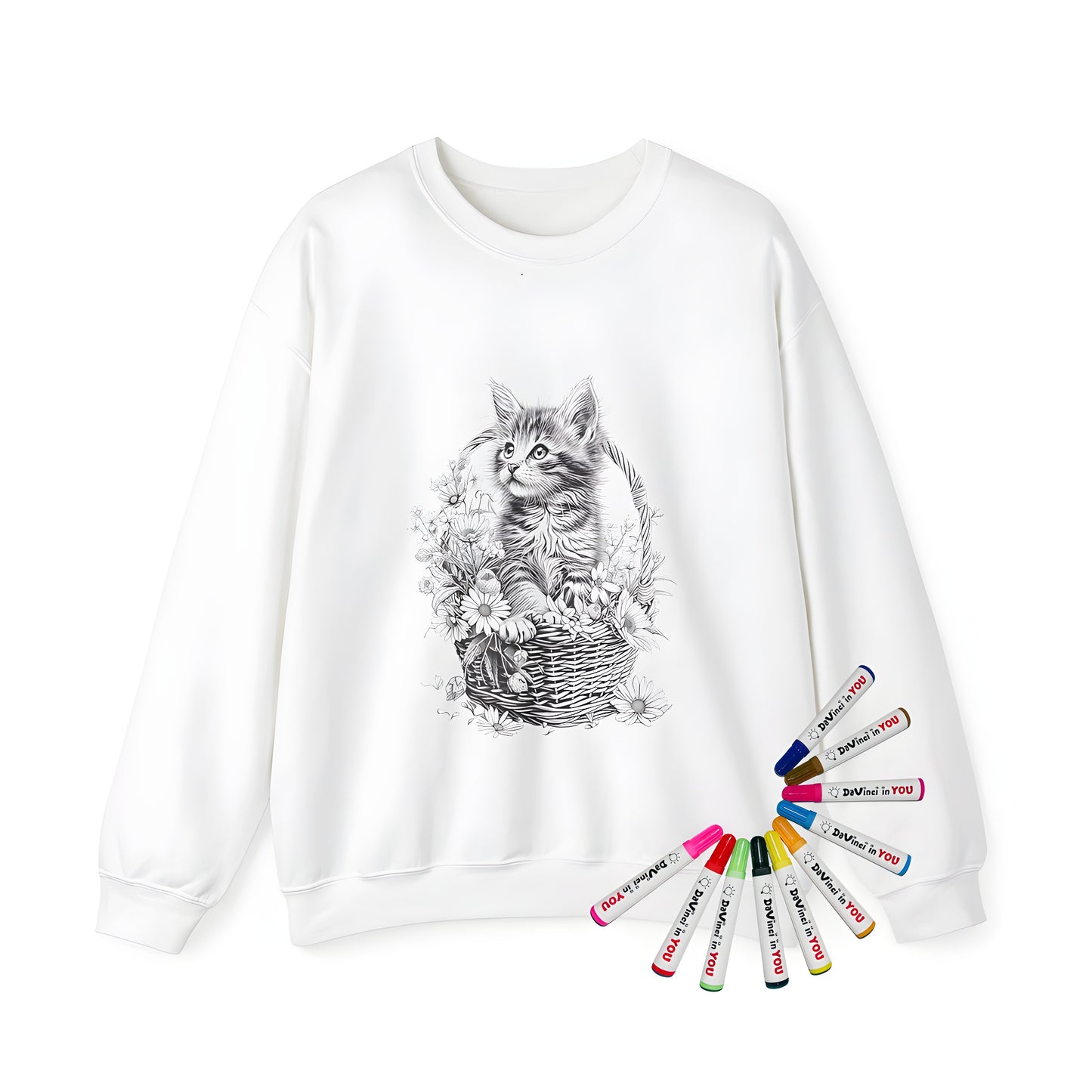 Adult sweatshirt with cute kitten sitting in a basket design