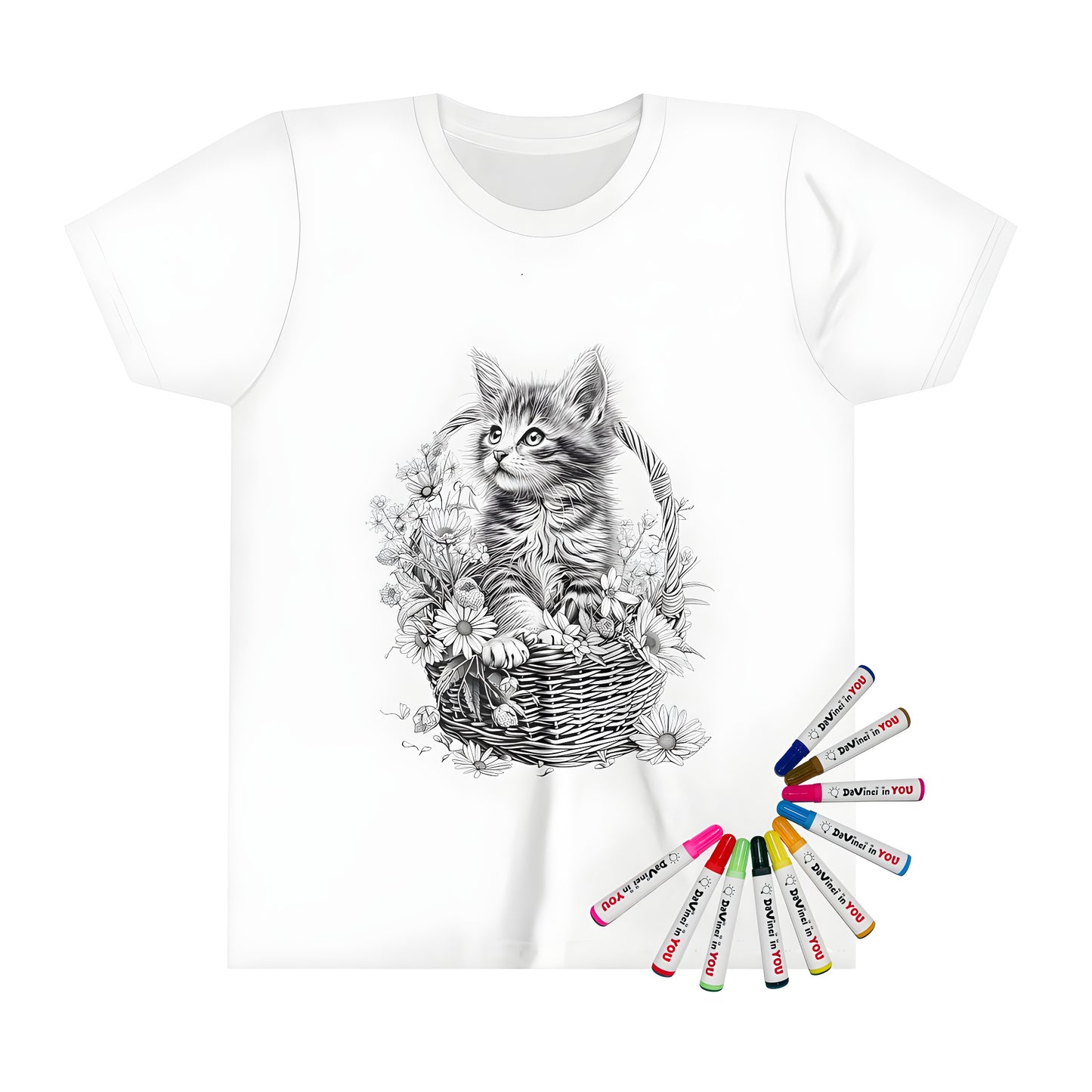 Coloring page of cute kitten sitting in basket on kids t-shirt