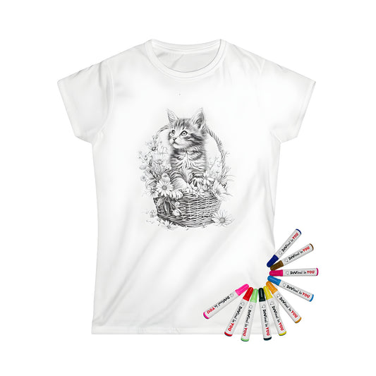 Women's t-shirt with adorable kitten and basket design