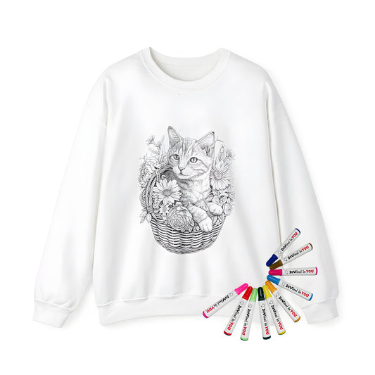 Adult sweatshirt with cute kitten nestled in floral basket design