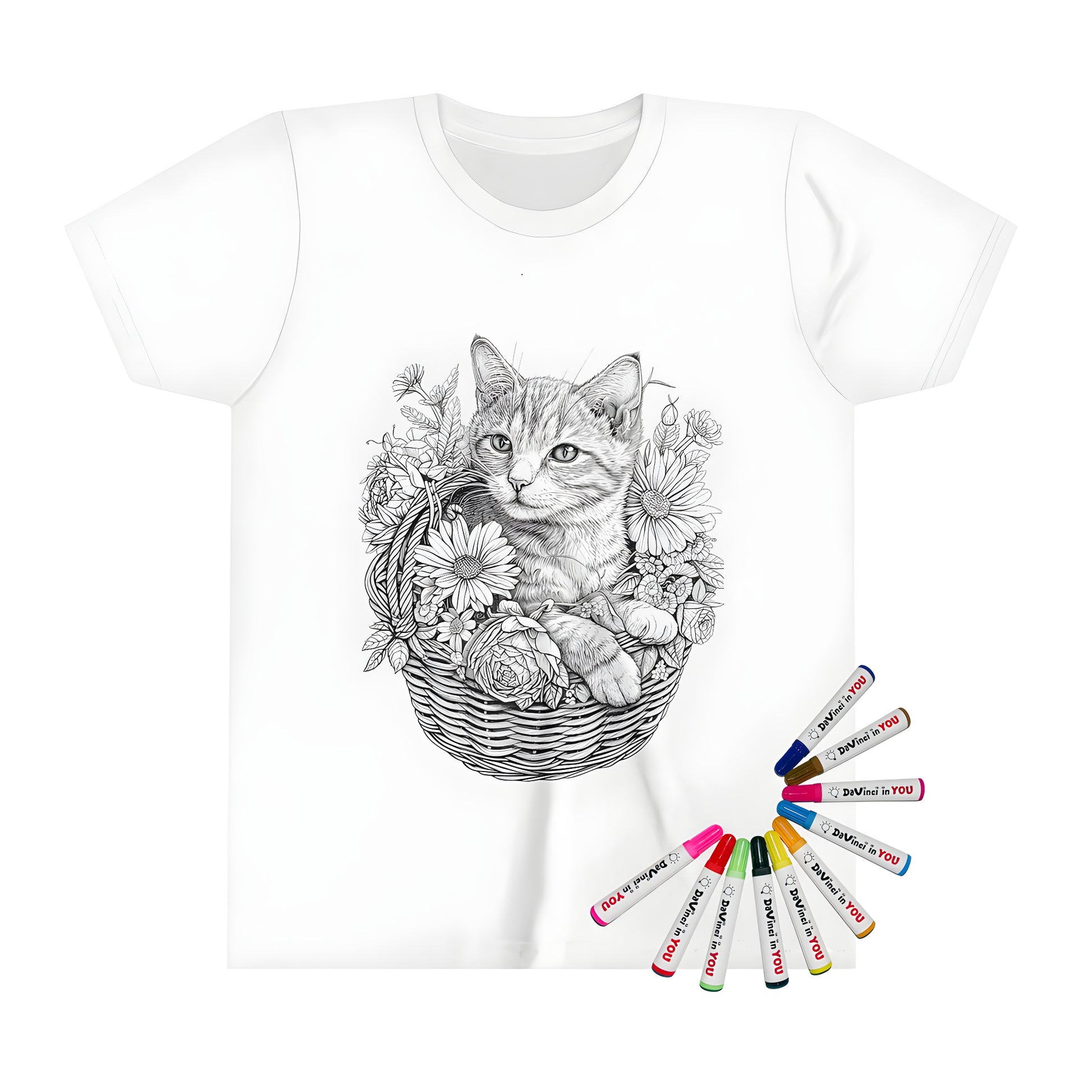 Colorful kid's t-shirt featuring a cute kitten nestled in a floral basket with daisies and flowers