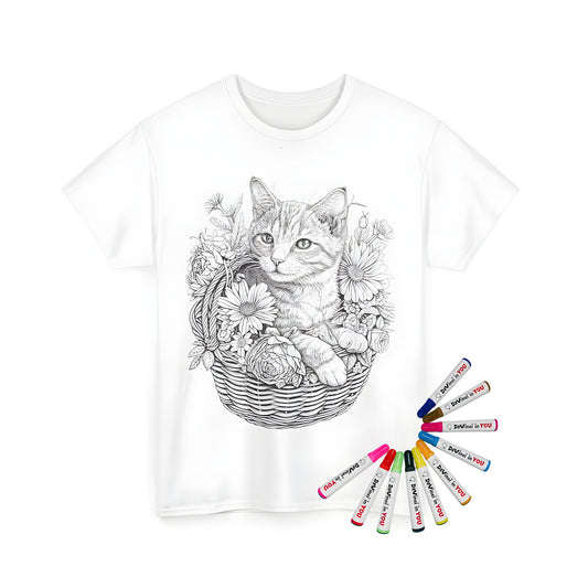 Coloring kit for adults and kids featuring a cute kitten in a floral basket, detailed illustration of daisies and other flowers on a unisex t-shirt