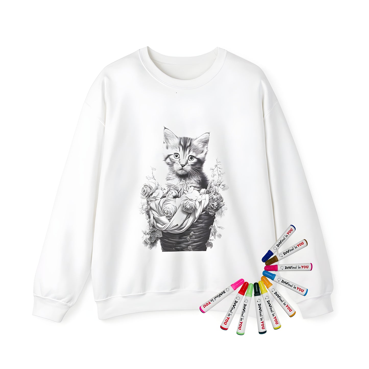 Adult Sweatshirt with cute kitten and basket design