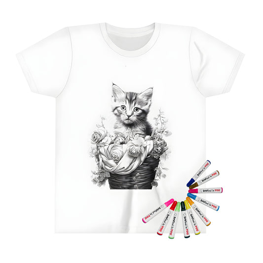 A kid's t-shirt featuring a cute kitten sitting in a wicker basket surrounded by colorful flowers