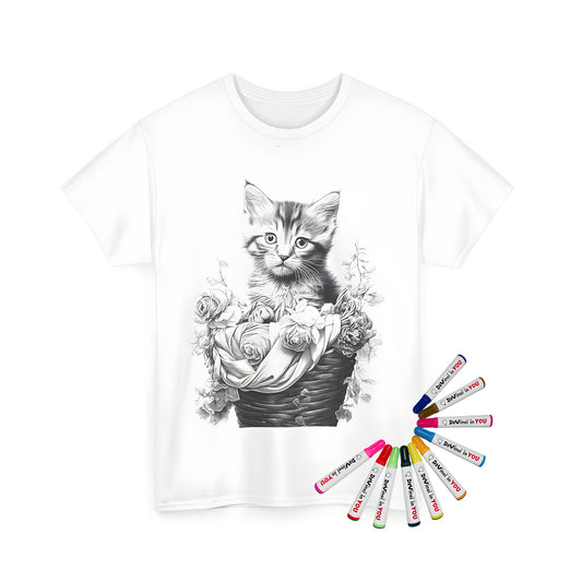 Coloring kit t-shirt featuring a cute kitten sitting in a basket, surrounded by colorful flowers. Great for kids and adults who love cat designs.