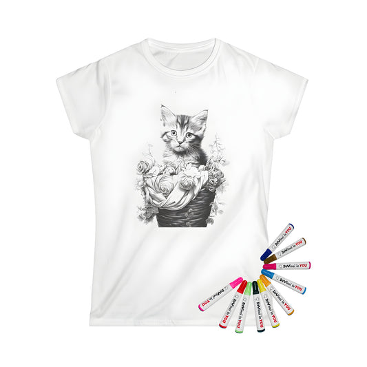 Women's graphic t-shirt featuring cute cartoon kitten sitting in a basket surrounded by colorful flowers and fabric markers