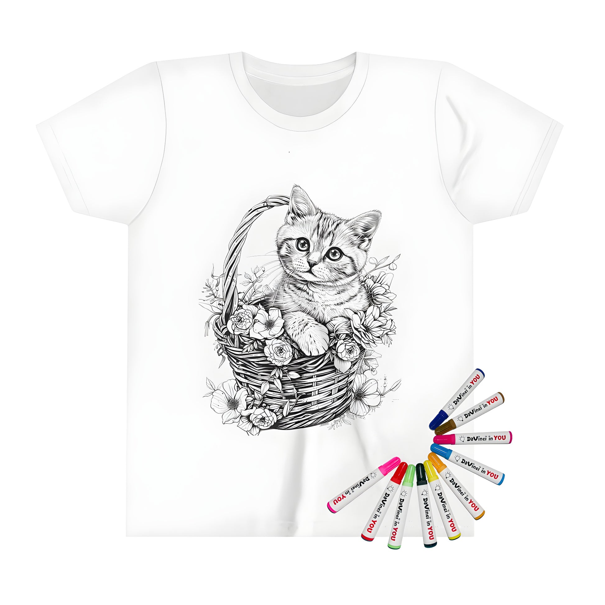 Kid's colorful T-shirt featuring a cute kitten sitting in a woven basket with flowers