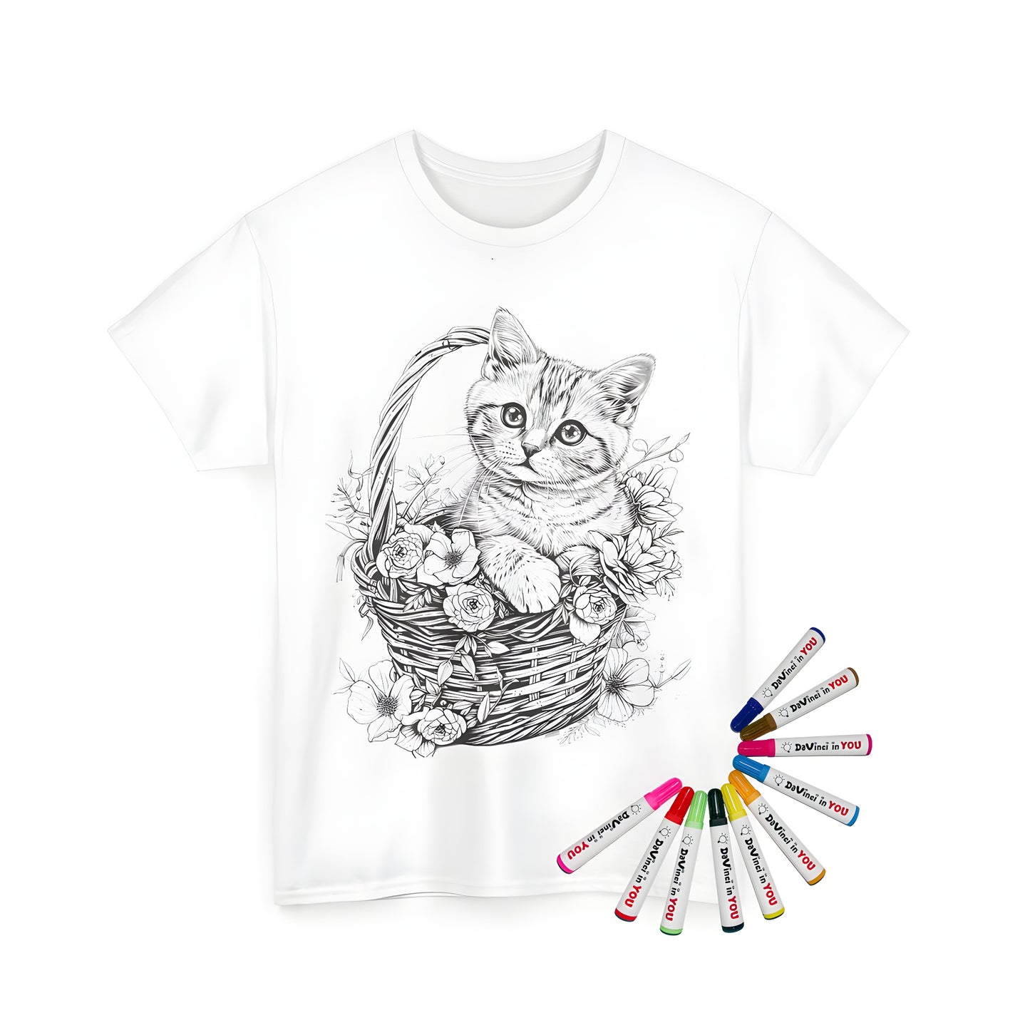 A high-quality image of a unisex t-shirt featuring an adorable kitten sitting in a woven basket, surrounded by flowers and intricate details, designed with fabric markers for adult coloring enthusiasts.