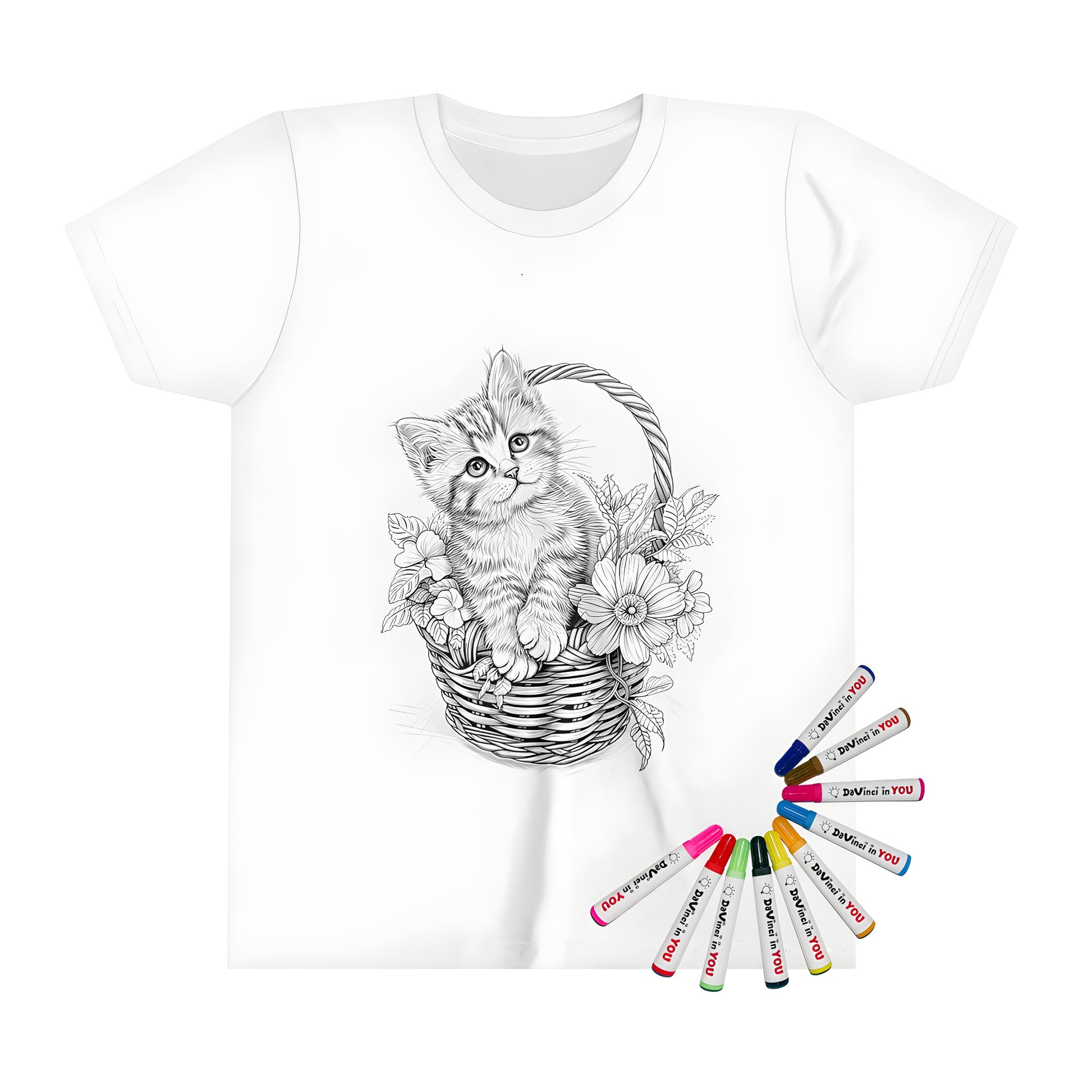 Coloring kit for kids with cute kitten in basket design on a kid's t-shirt, 10 vibrant fabric markers included