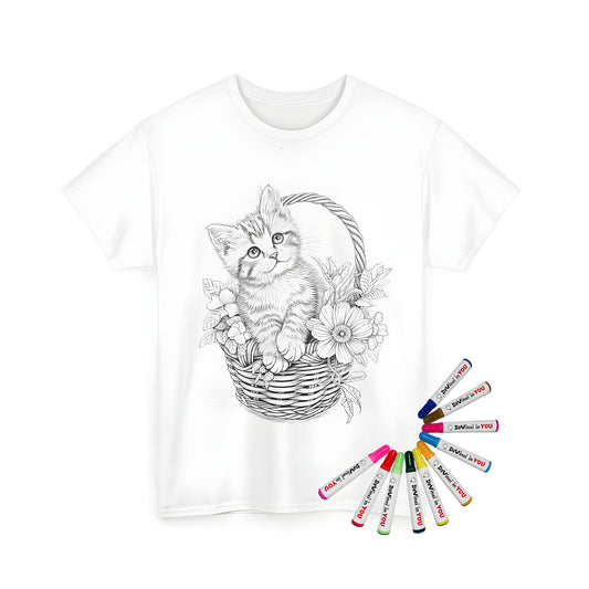 Coloring kit for adult coloring books, t-shirt with kitten and basket design, 10 fabric markers included