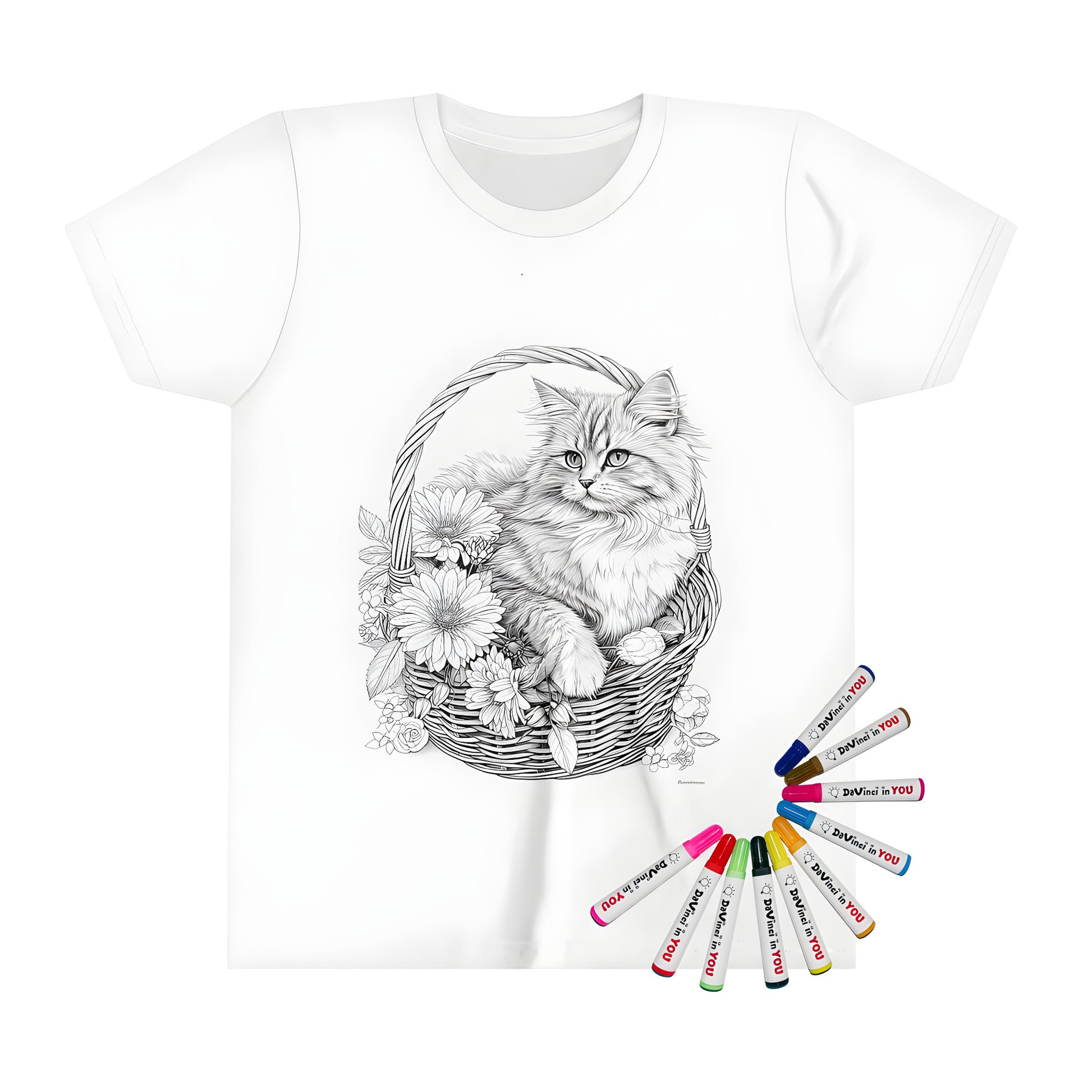 Whimsical kid's t-shirt featuring an adorable cat sitting comfortably in a wicker basket surrounded by colorful flowers, complete with vibrant fabric markers for creative expression