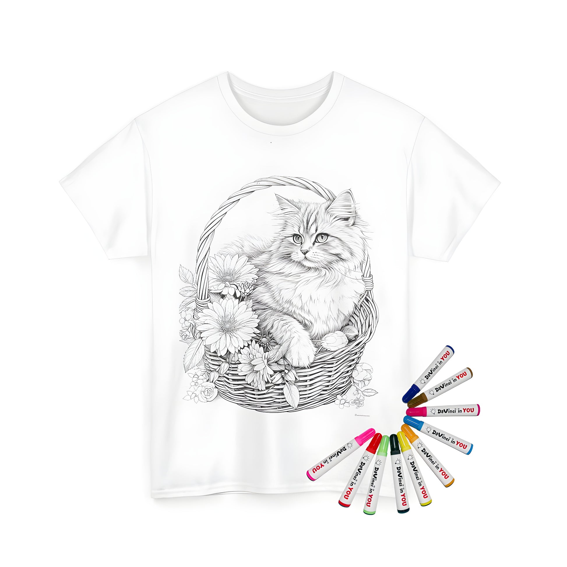 A whimsical illustration of a cat lounging in a wicker basket, surrounded by colorful flowers and vibrant foliage, printed on a high-quality Unisex T-shirt