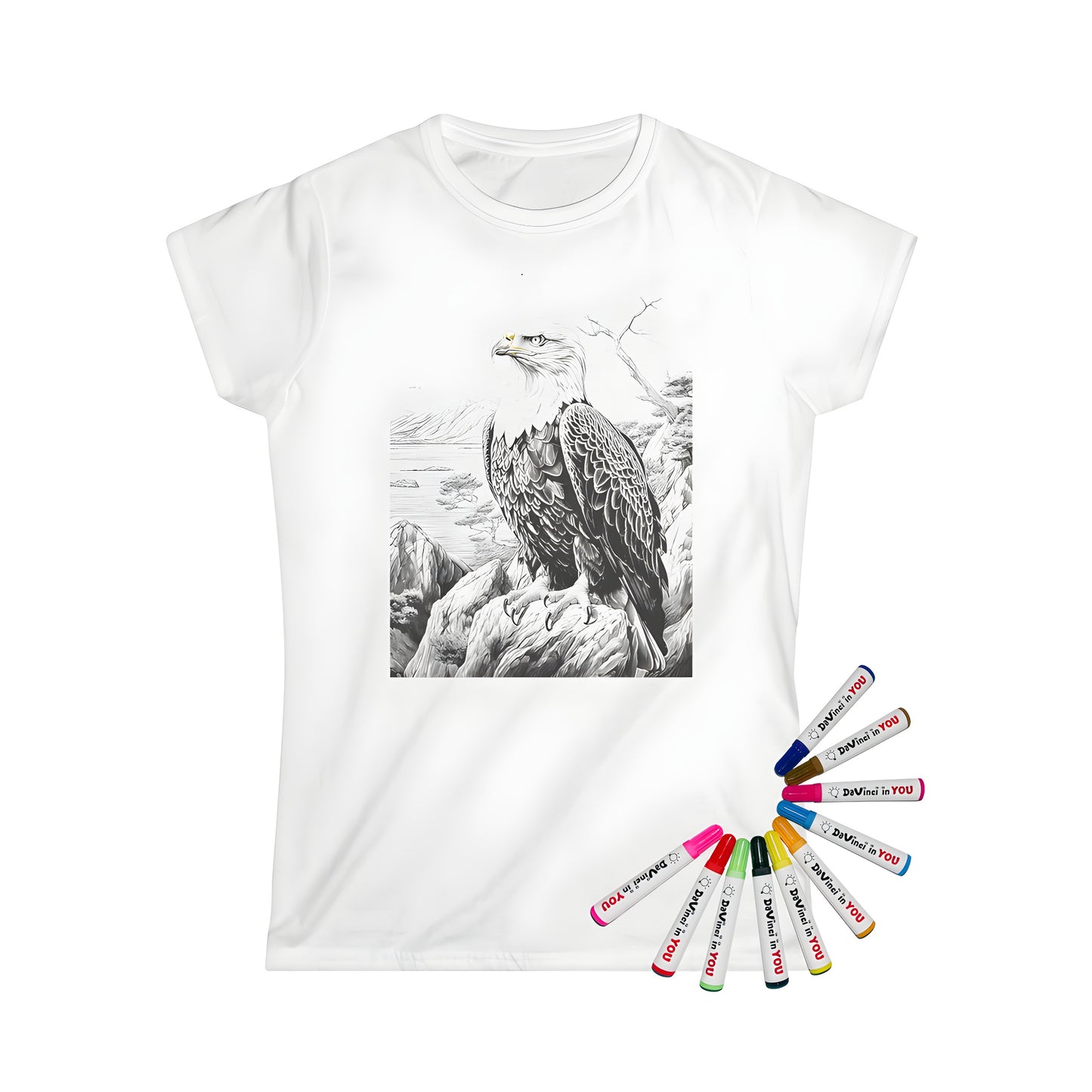 Women's T-shirt featuring a detailed illustration of an American eagle perched on a rocky cliffside landscape with mountains and trees