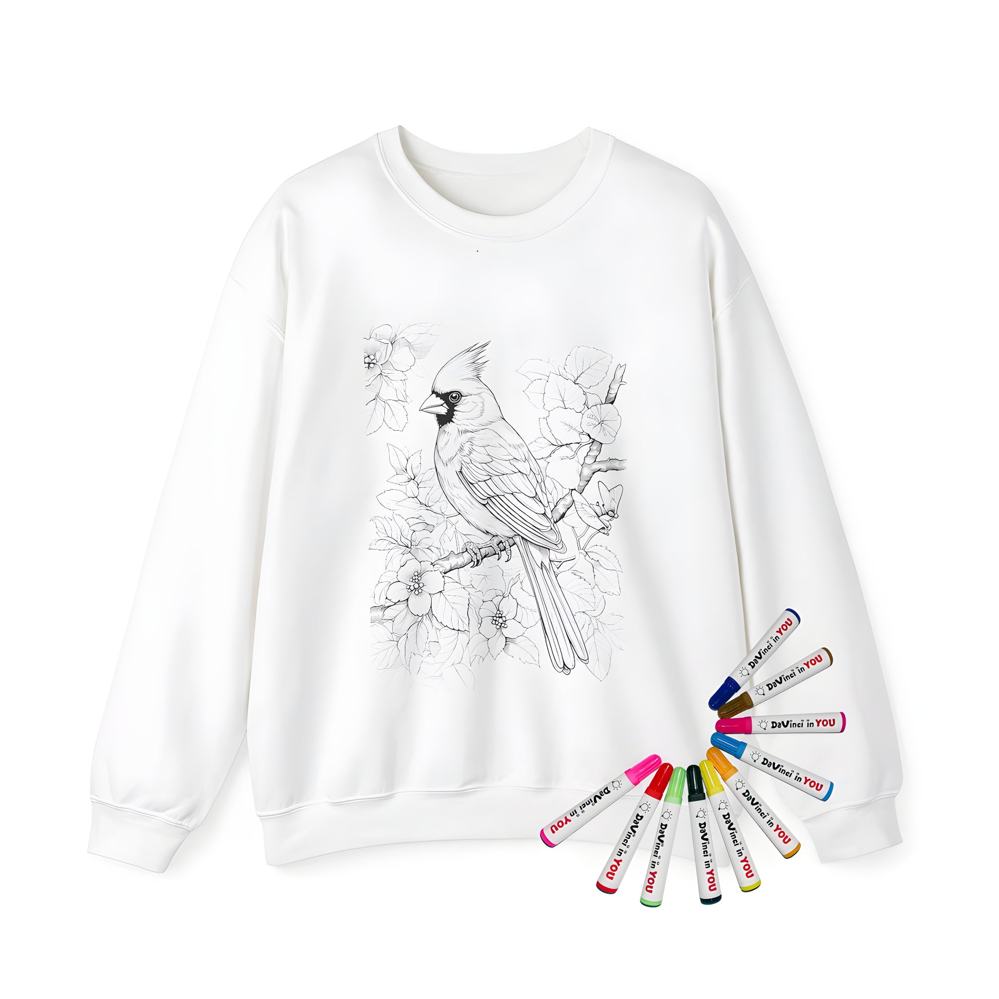 Adult sweatshirt with vibrant cardinal bird design perched on a branch surrounded by colorful flowers, leaves, and butterflies. Perfect for birdwatchers, nature lovers, and those who adore Cardinal-themed apparel.