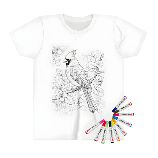 Colorful kid's t-shirt featuring a vibrant cardinal bird illustration on a branch surrounded by flowers and leaves