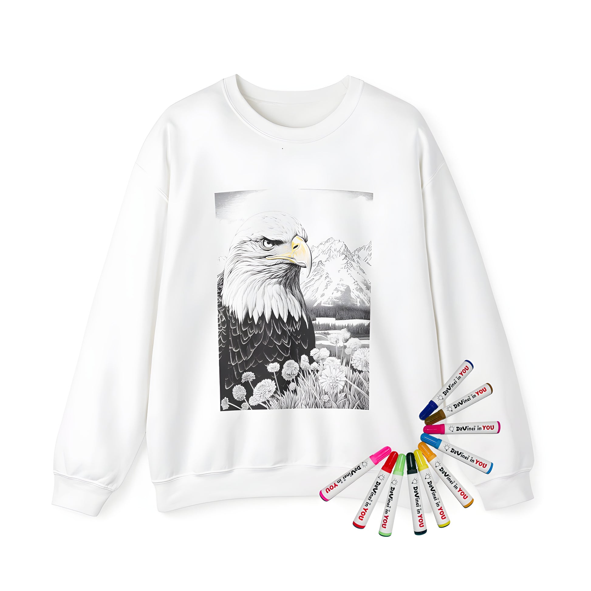 Adult sweatshirt featuring a detailed black and white drawing of an American eagle, bald eagle symbol, wildlife animal, bird of prey, with mountains and flowers