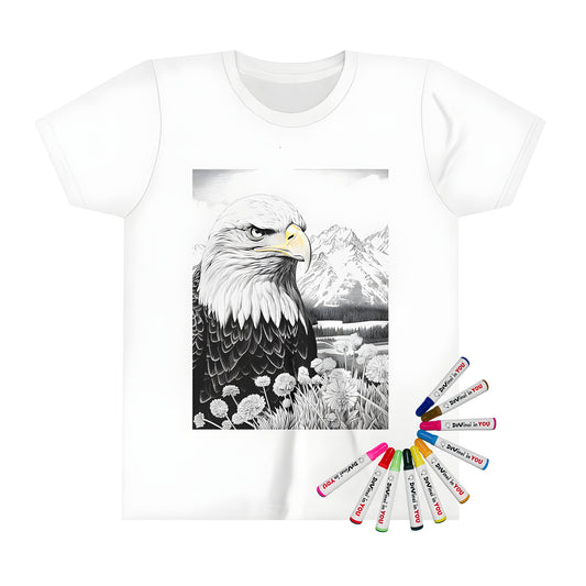 Coloring kit with fabric markers for kid's t-shirt featuring American eagle, bald eagle, bird of prey artwork