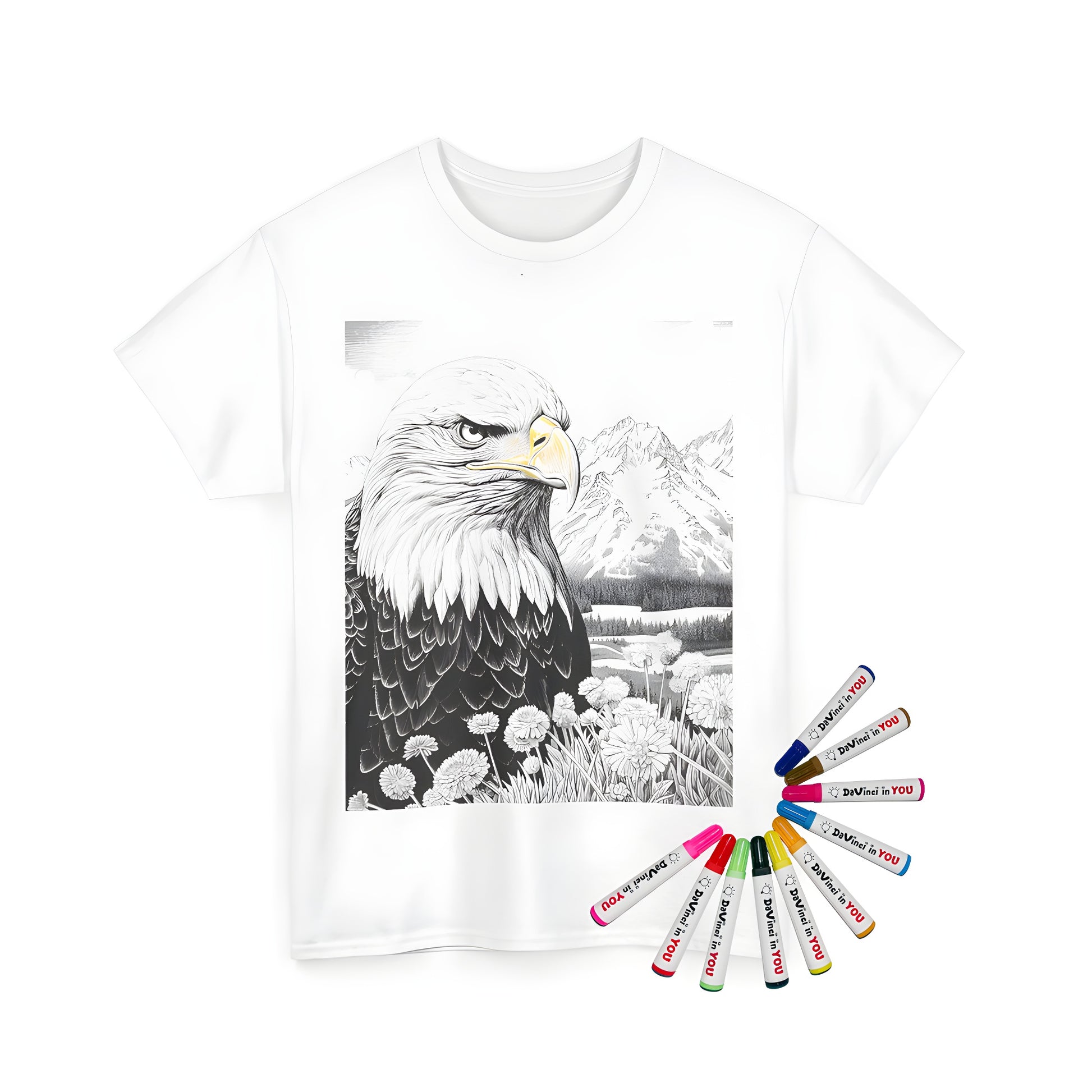 Detailed black and white drawing of an American eagle or bird of prey, surrounded by mountains and flowers on a Unisex T-shirt.