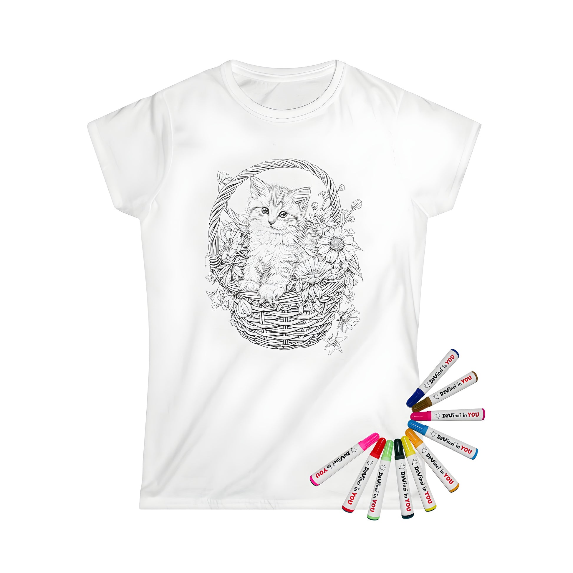 Women's t-shirt featuring a colorful kitten sitting in a woven basket surrounded by flowers