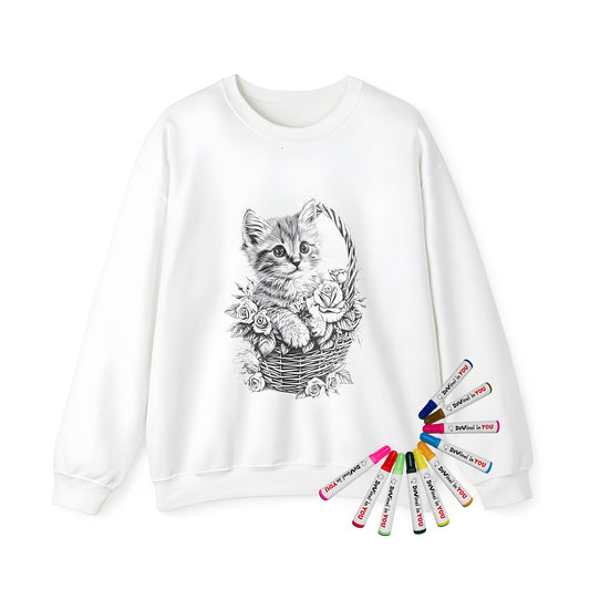 Adult sweatshirt with adorable kitten sitting in a wicker basket design, surrounded by flowers and subtle patterns