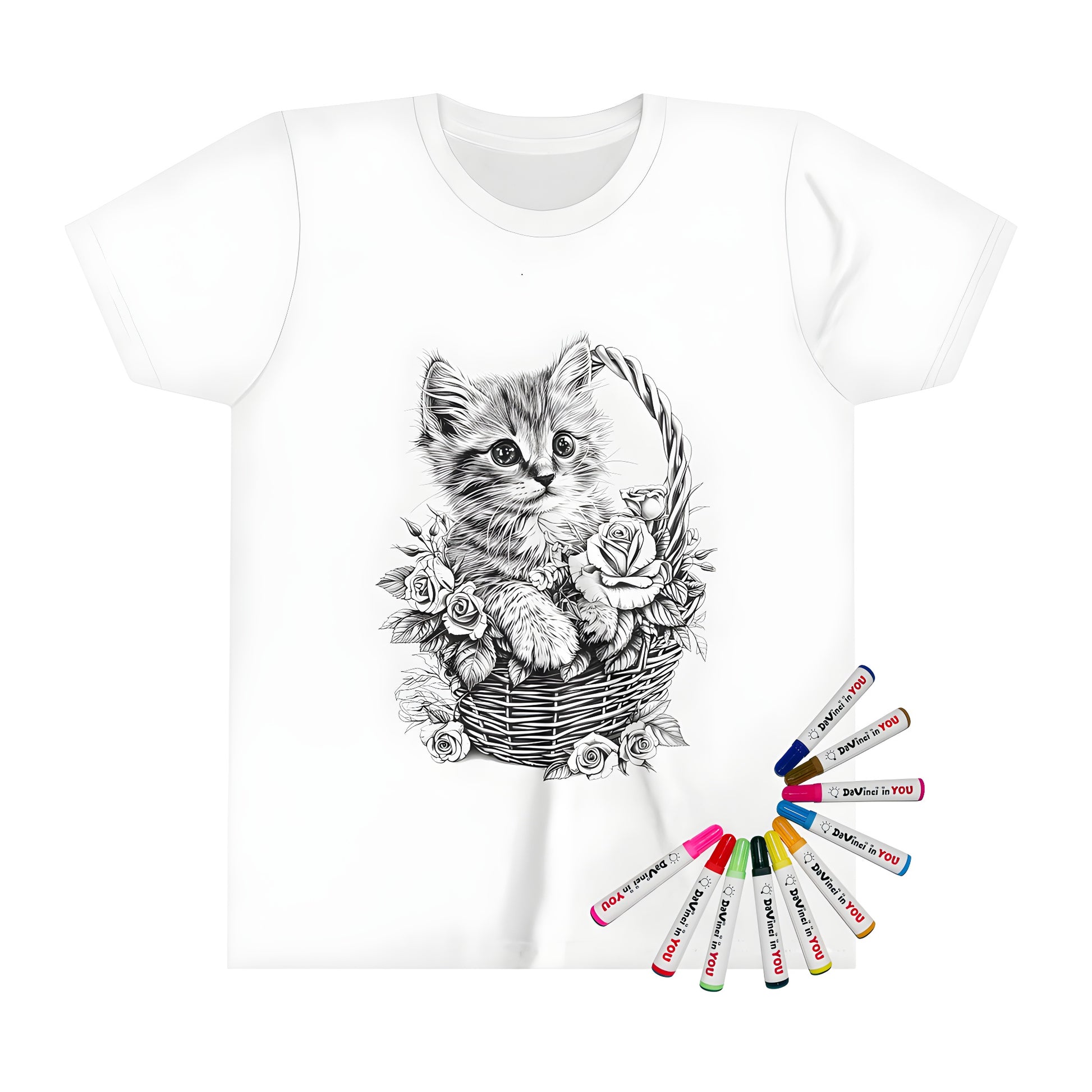 Coloring kit for kid's t-shirt with cute kitten design in a basket, complete with black and white illustrations of roses