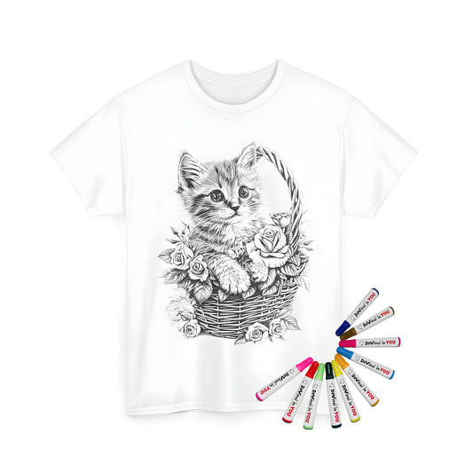 Cozy feline in wicker basket illustration on a unisex t-shirt with 10 vibrant fabric markers