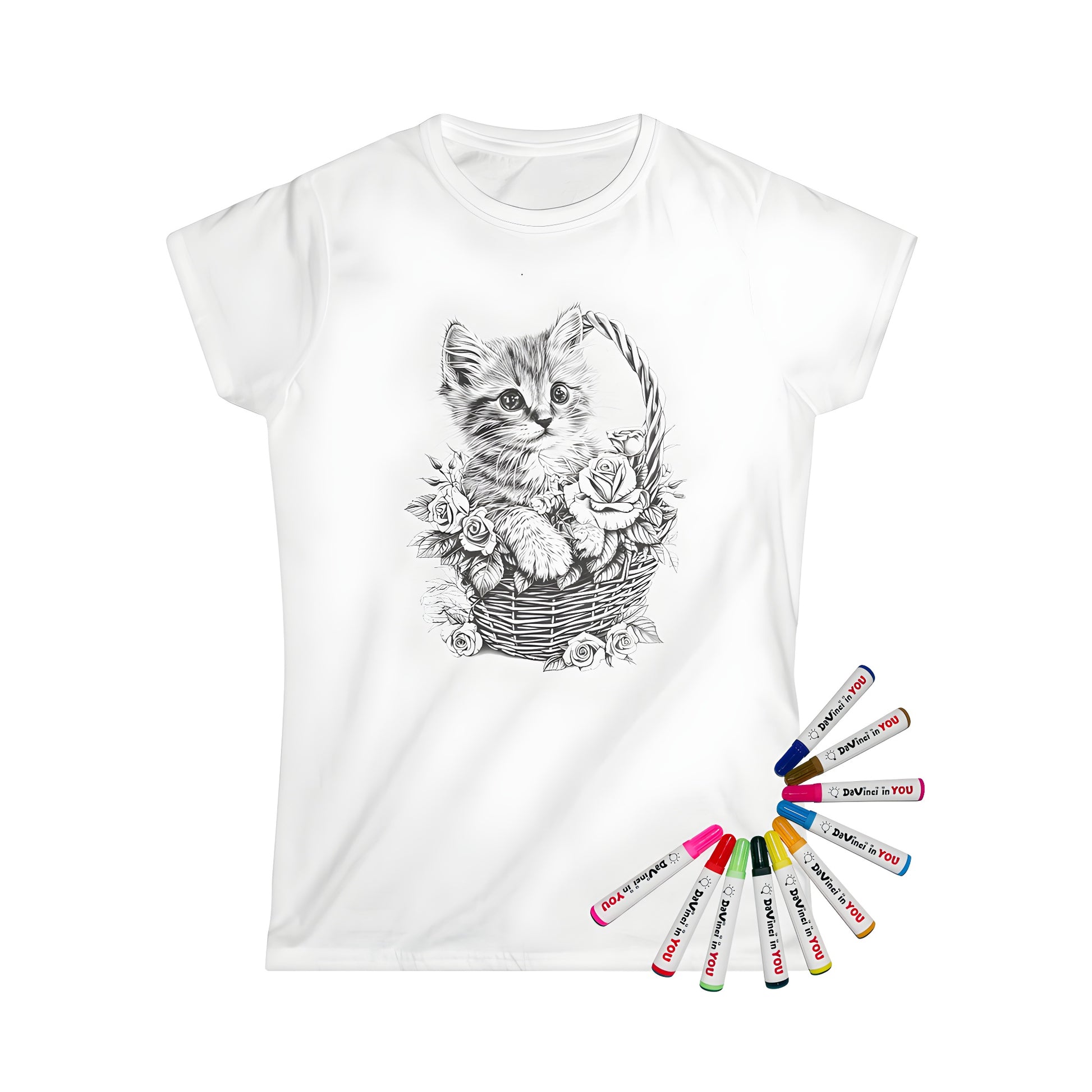 A women's t-shirt featuring a cute kitten sitting in a wicker basket surrounded by roses, perfect for cat lovers and fans of whimsical designs