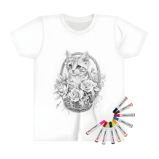 Kitten in a flower basket coloring book art on kids t-shirt