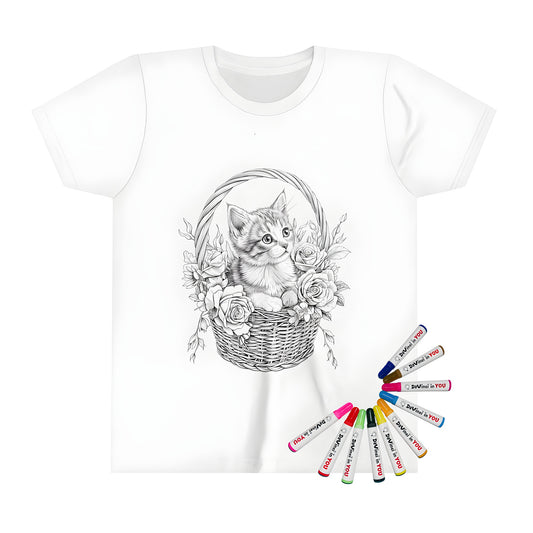 Kid's t-shirt featuring a cute kitten illustration, adorable cat design, and colorful fabric markers for creative coloring