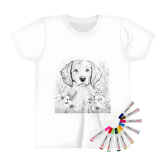 Kid's T-shirt with colorful dog face illustration surrounded by various flowers