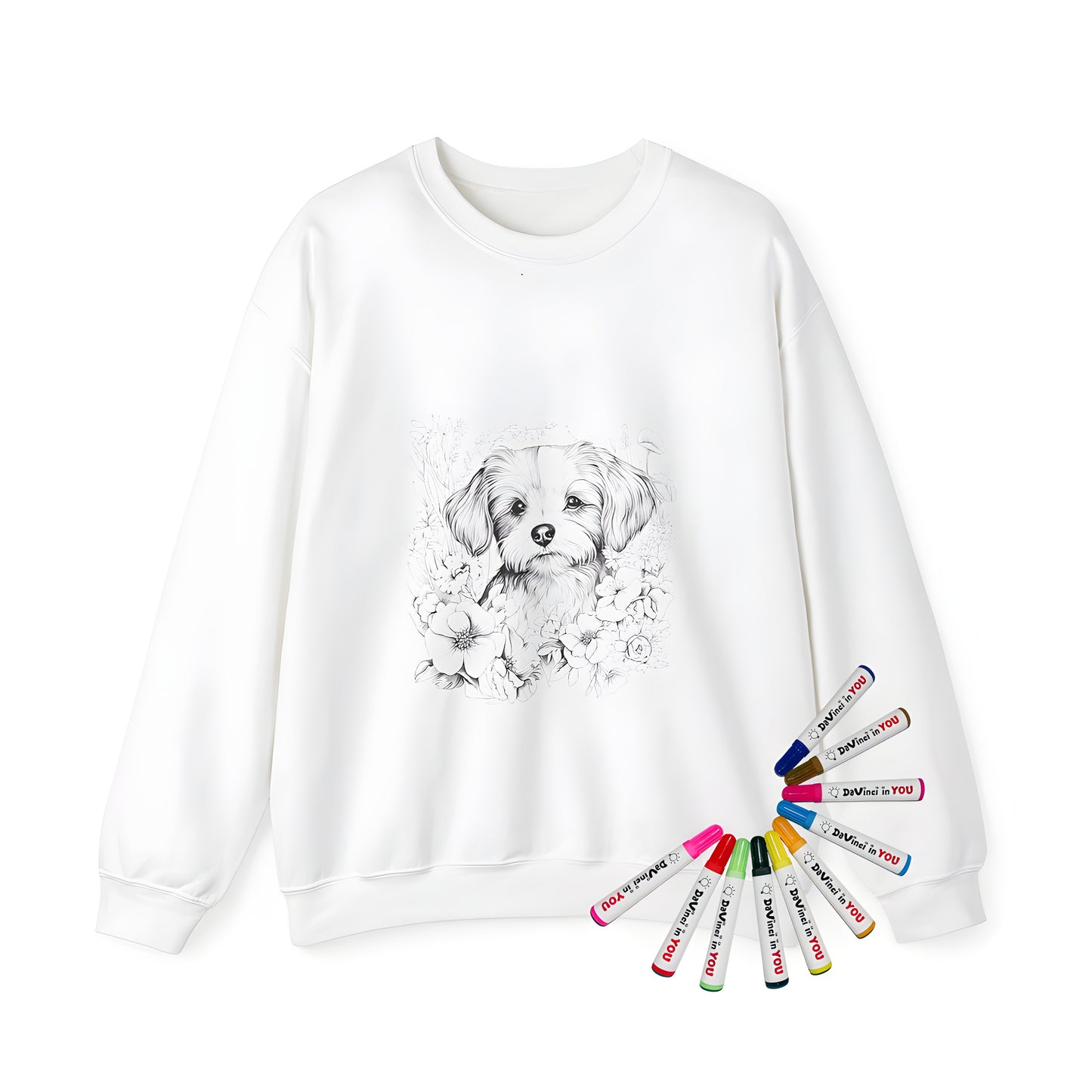 Adult sweatshirt featuring a detailed black and white dog design surrounded by colorful flowers, nature-inspired pet apparel