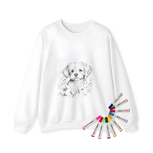 Adult sweatshirt featuring a detailed black and white dog design surrounded by colorful flowers, nature-inspired pet apparel