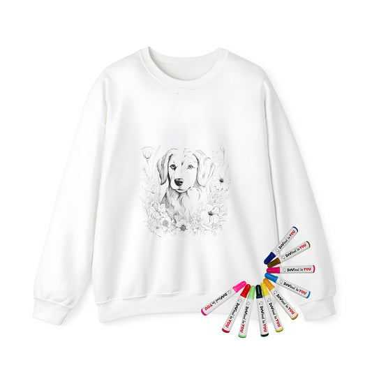 Adult coloring kit sweatshirt featuring a cute puppy surrounded by colorful flowers