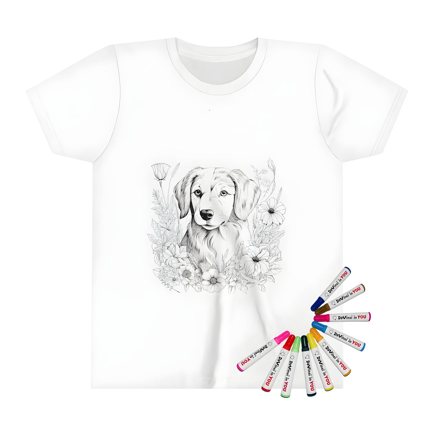 Kid's T-shirt with puppy coloring page design, featuring cute dog surrounded by colorful flowers and illustrations