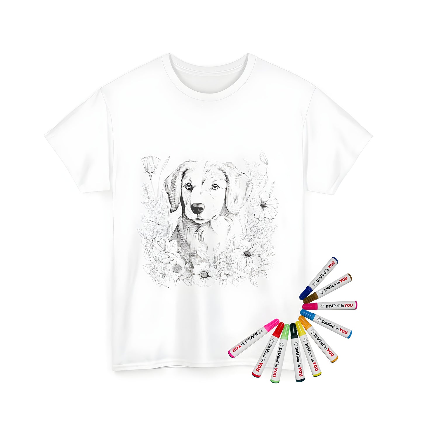 Detailed illustration of cute puppy playing with colorful flowers on a Unisex t-shirt, perfect for dog lovers and flower enthusiasts