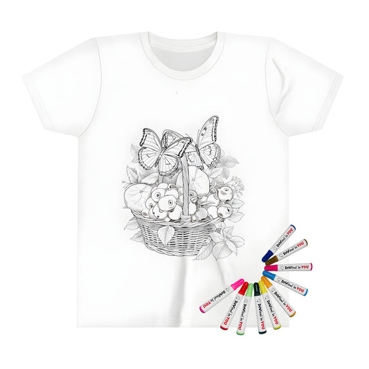 Coloring kit for kids featuring a kid's t-shirt with an adorable butterfly and fruit basket design