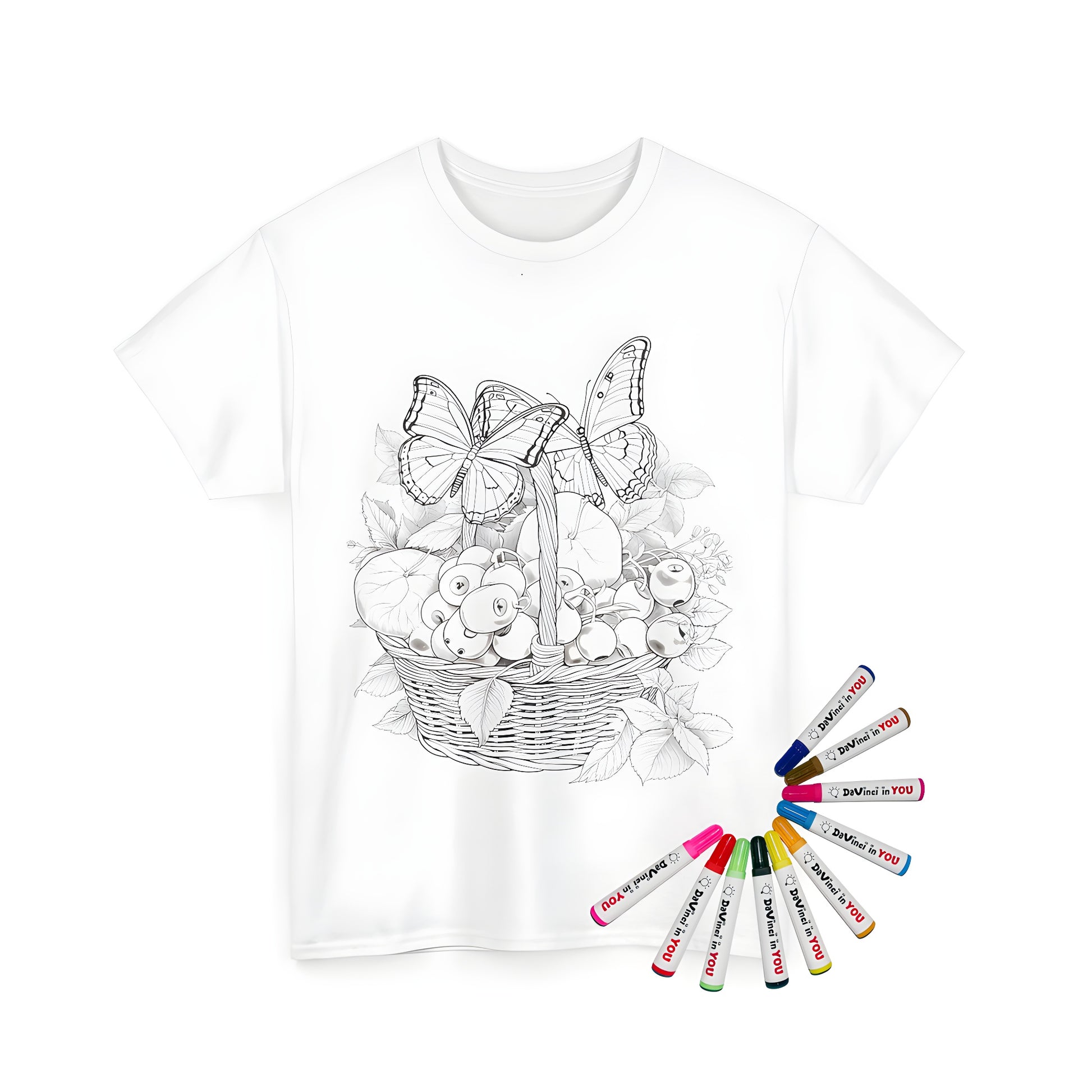 A unisex t-shirt featuring a colorful monochrome illustration of two moths resting on a wicker basket filled with various fruits and surrounded by leaves.