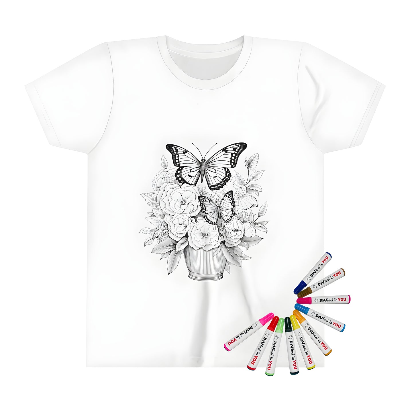 Coloring kit with kid's t-shirt featuring an intricate line drawing of butterflies on flowers