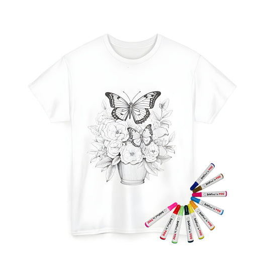 Unisex T-Shirt featuring an intricate line drawing of butterflies and flowers for coloring