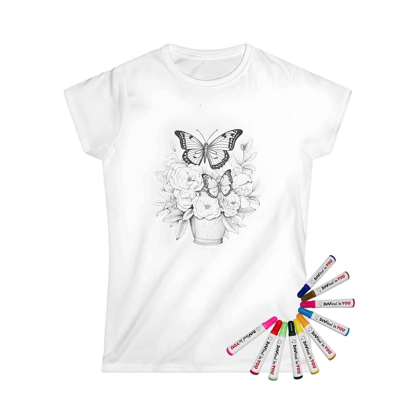 Coloring t-shirt featuring intricate butterflies on flowers design