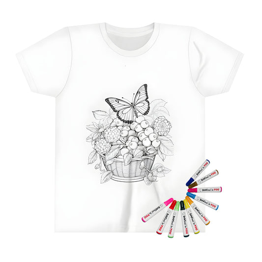 Colouring page on kid's t-shirt featuring an illustration of a moth perched on a container filled with various produce and foliage, detailed with intricate botanical elements.