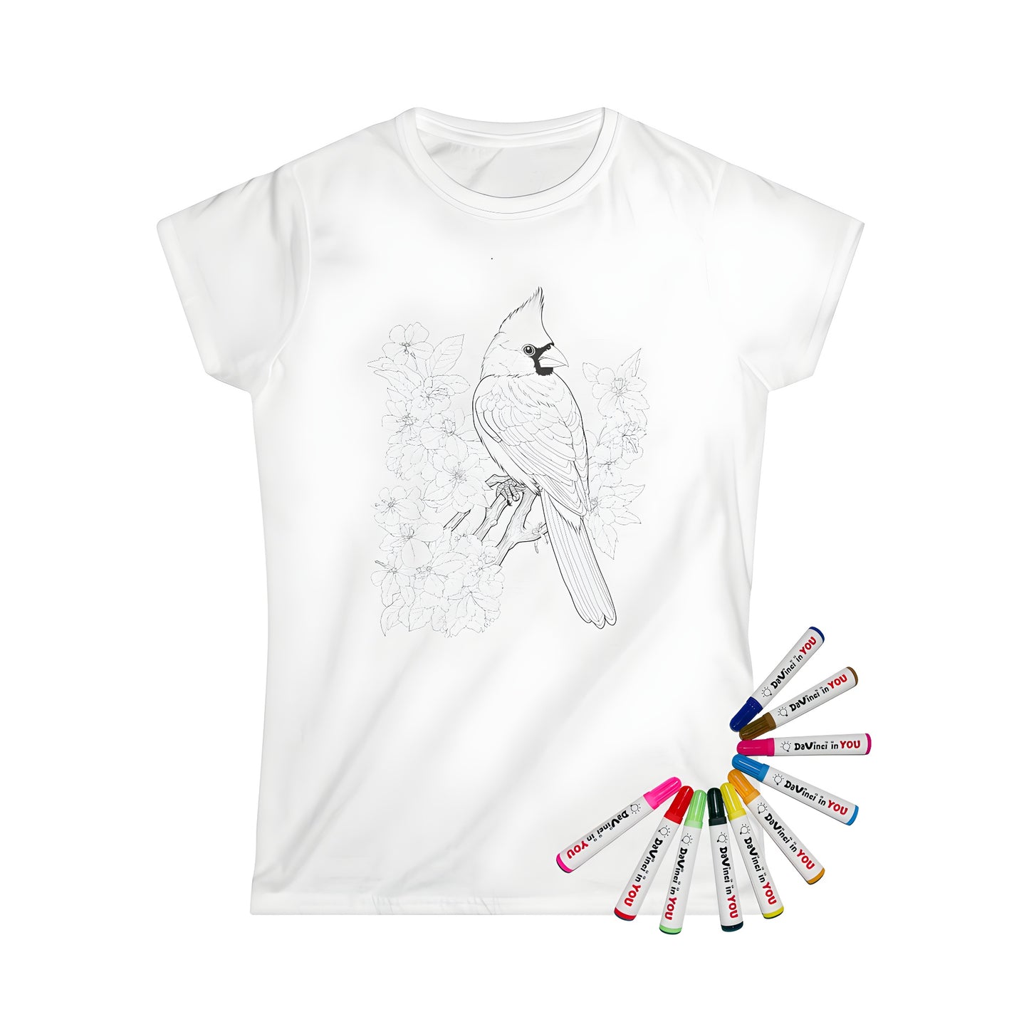 Women's t-shirt featuring a colorful cardinal design, inspired by a black-and-white line drawing of a cardinal perched on a branch with blooming flowers. Perfect for coloring and making a statement.